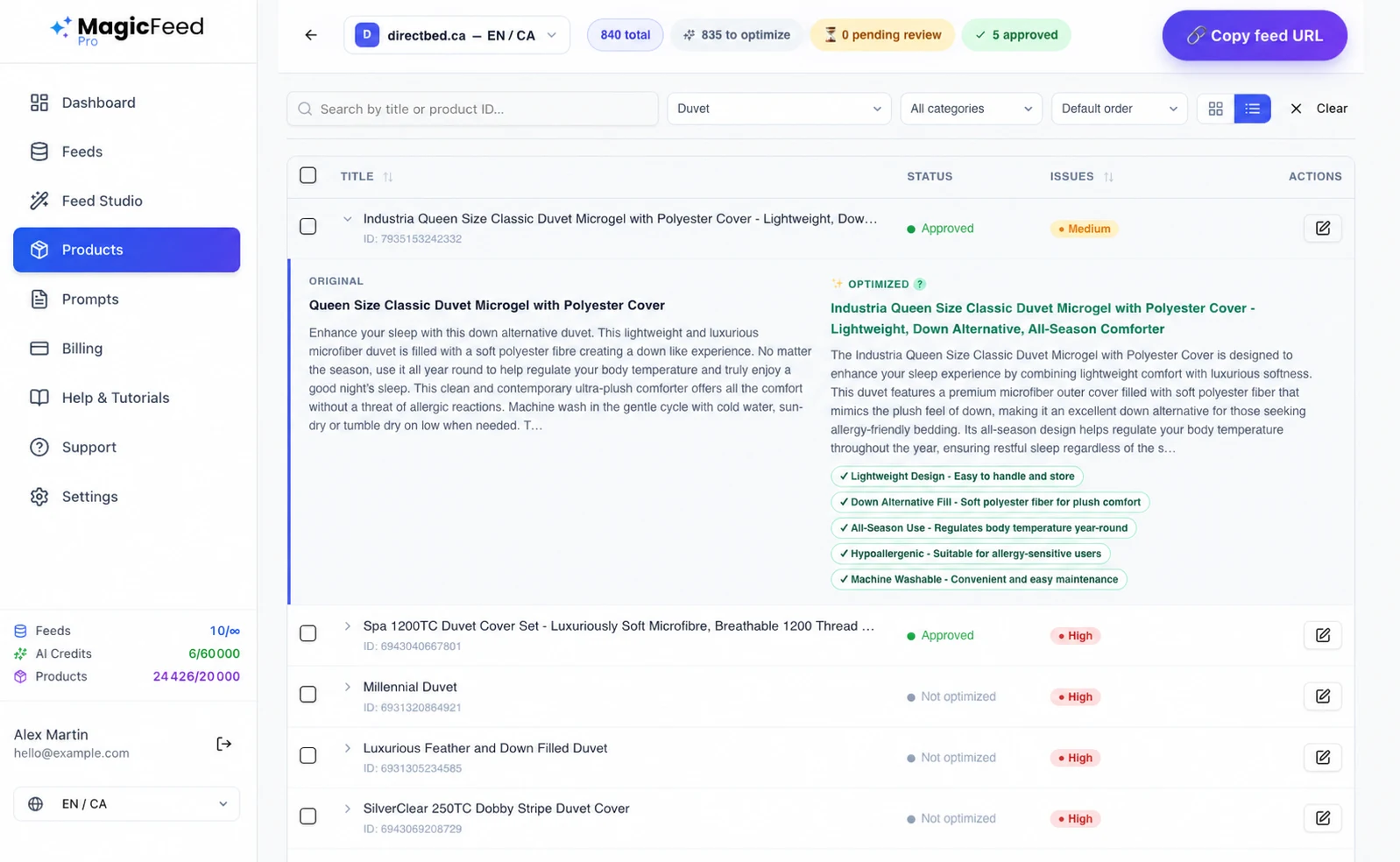 The MagicFeedPro products screen: a duvet listing opened to show its original three-word title beside the rewritten title, description and five highlights, with 835 of 840 products still queued to optimize.
